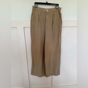 Zara Wide‎ Leg Linen Trouser Women’s Medium Khaki Beige Pleated Pockets Button